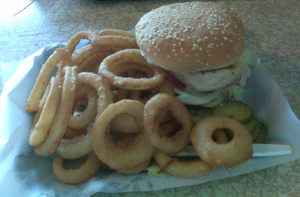 Chicken sandwich and onion rings.